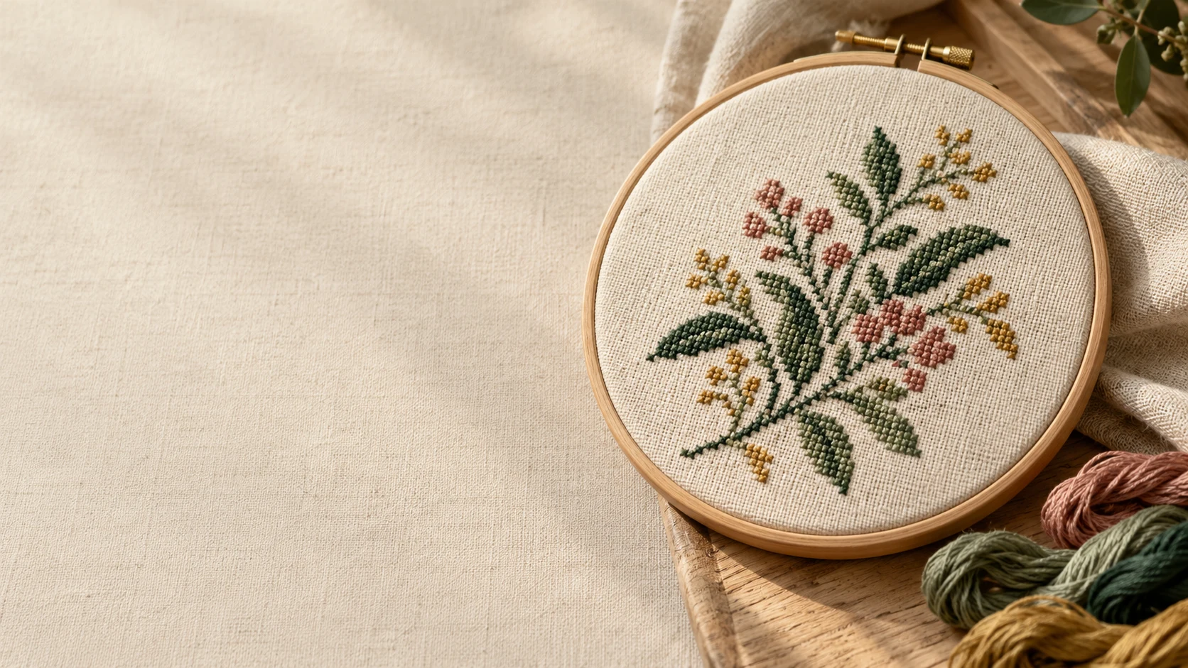 Bastidor com composição botânica em tons de verde, rosa e dourado sobre tecido natural. Ambientação ilustrativa gerada por IA.
