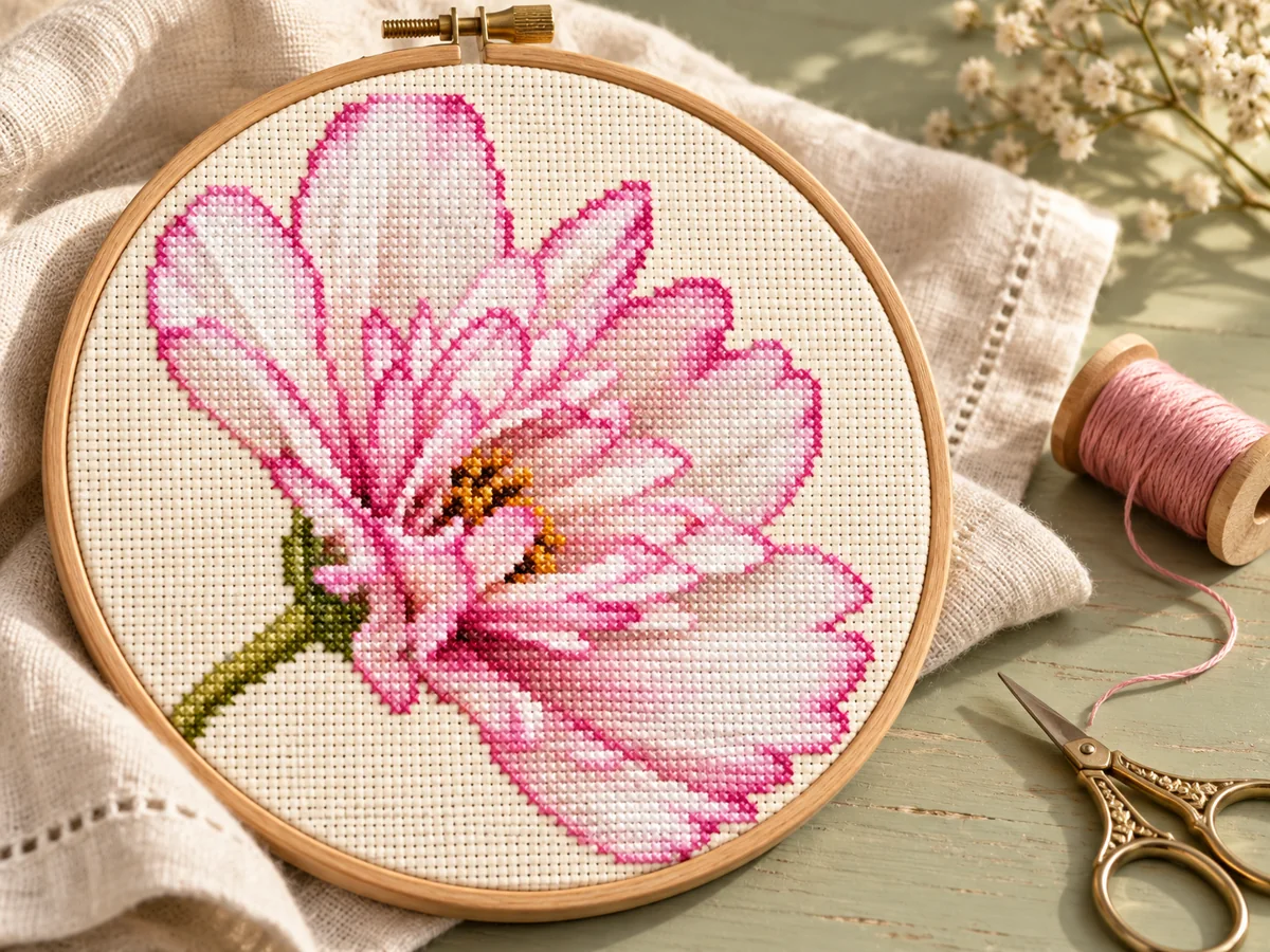 Simulação ilustrativa de bordado da flor cosmos; não é uma peça real de cliente