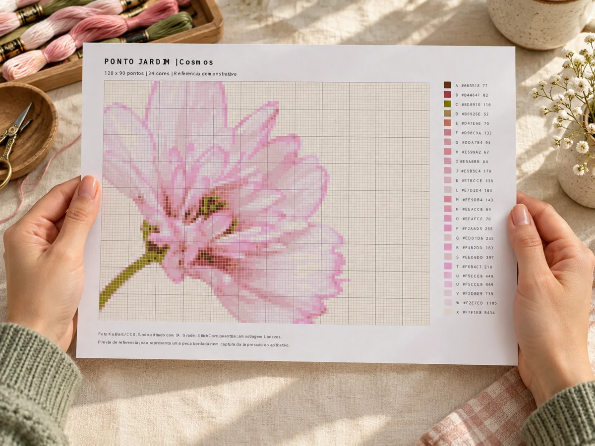 Composição ilustrativa de uma pessoa segurando o PDF da flor cosmos